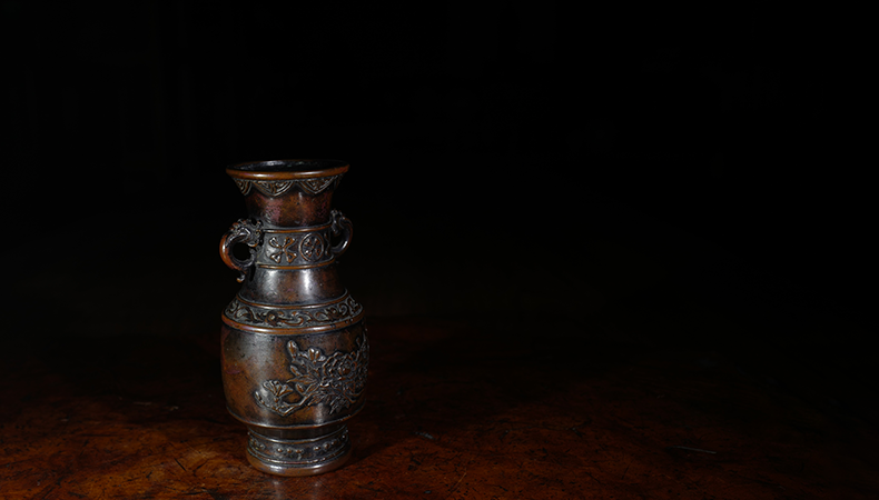 日本本间琢斋四代斑紫铜小花瓶- 有茶有器